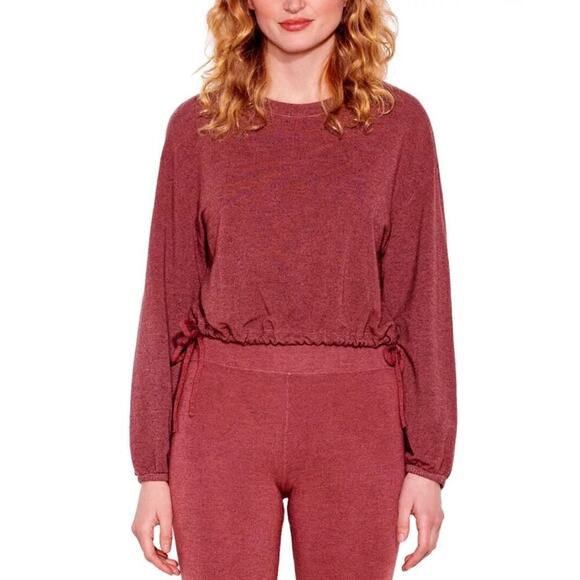 NWT Sundry Women's Cropped Side Tie Sweatshirt L (3) Burgundy Soft Pullover Top - Picture 1 of 12